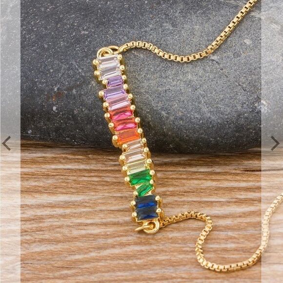 NWT - Colorful Cubic Zirconia Baguette Bar Silver Plated Necklace - 18” - Picture 4 of 7